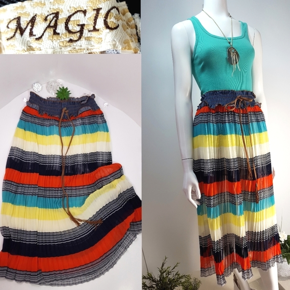 🔖Magic🌺Colorful Multicolor Stripped Pleated Chiffon Shear Medi Skirt